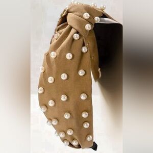 Head Band, Solid Tan Fabric w/Faux Pearls, NEW